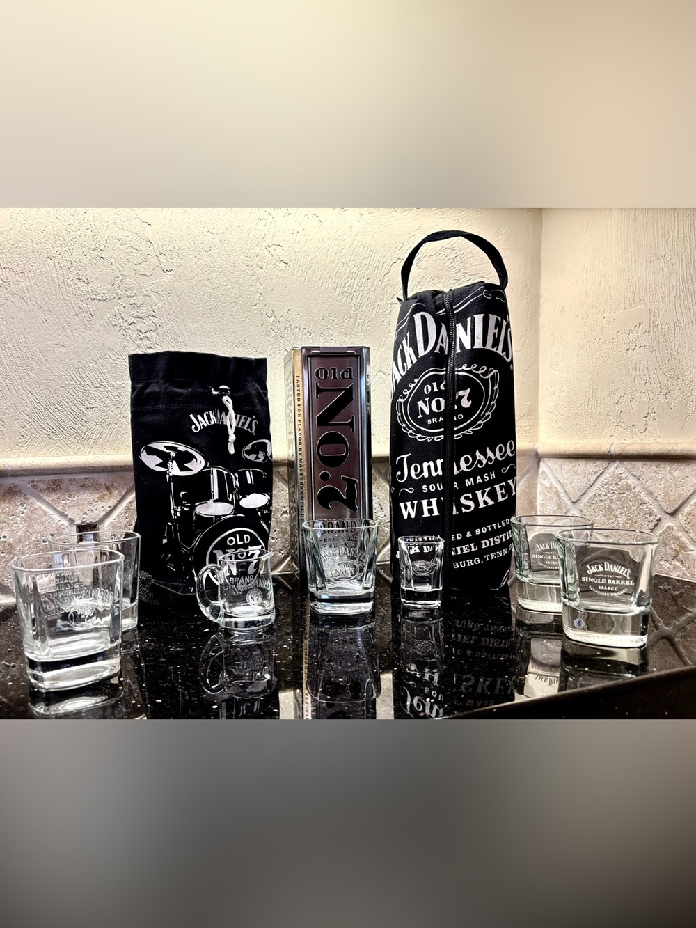 Jack Daniels Logo Barware - 4 Rocks Glasses, 1 Collectors Tin, 2 Bottle Carriers